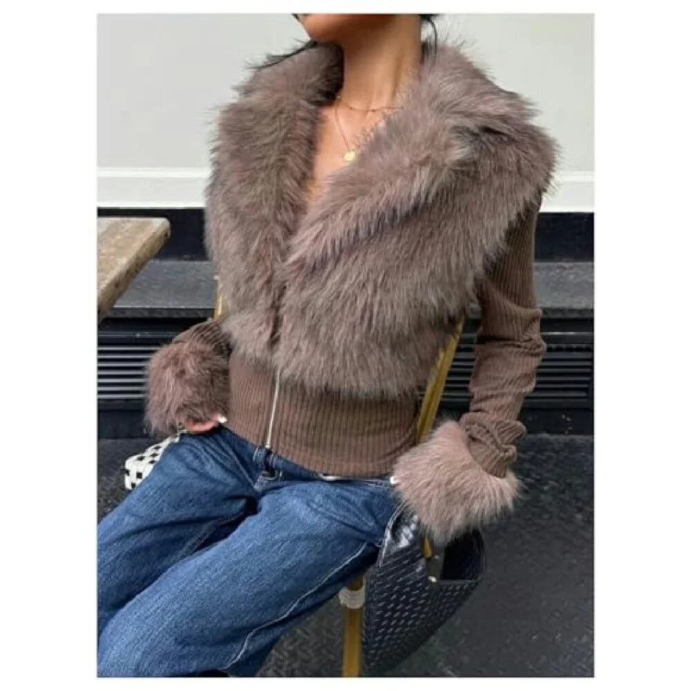 Faux Fur Zip Jacket Slim Fit Winter Coat Fuzzy Collar Outerwear